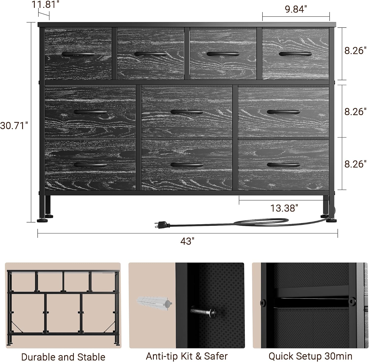 Lulive Dresser for Bedroom 10 Drawer Dresser TV Stand with Power Outlet, Entertainment Center Chest of Drawers for 55 Inch TV, Black Fabric for Bedroom Living Room Hallway Closets