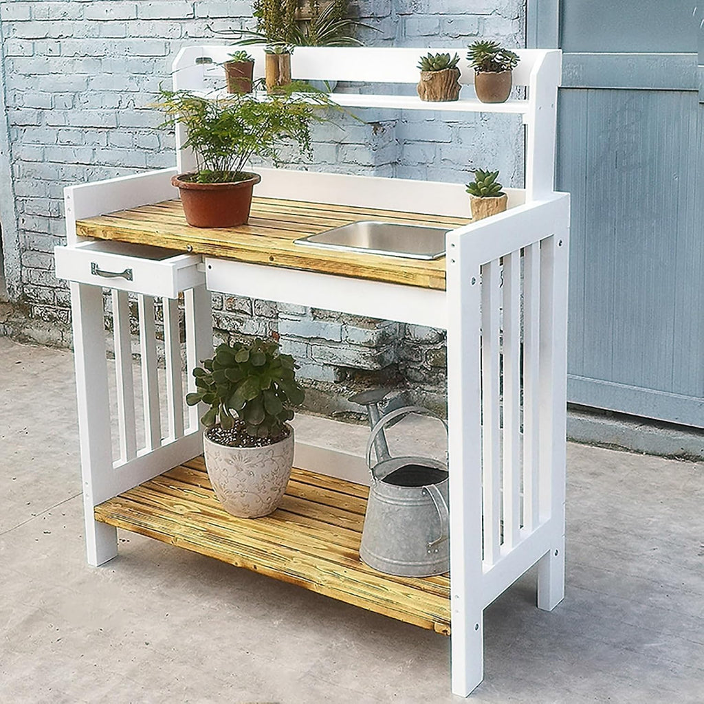 Outdoor Potting Bench, Pine Work Station Table Outdoor Garden Potting Table with Removable Sink, Tools Drawer, 3 Tier Open Shelf & 3 Side Hooks, All-Weather Garden Table Work Station(White)