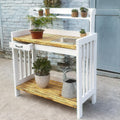 Outdoor Potting Bench, Pine Work Station Table Outdoor Garden Potting Table with Removable Sink, Tools Drawer, 3 Tier Open Shelf & 3 Side Hooks, All-Weather Garden Table Work Station(White)
