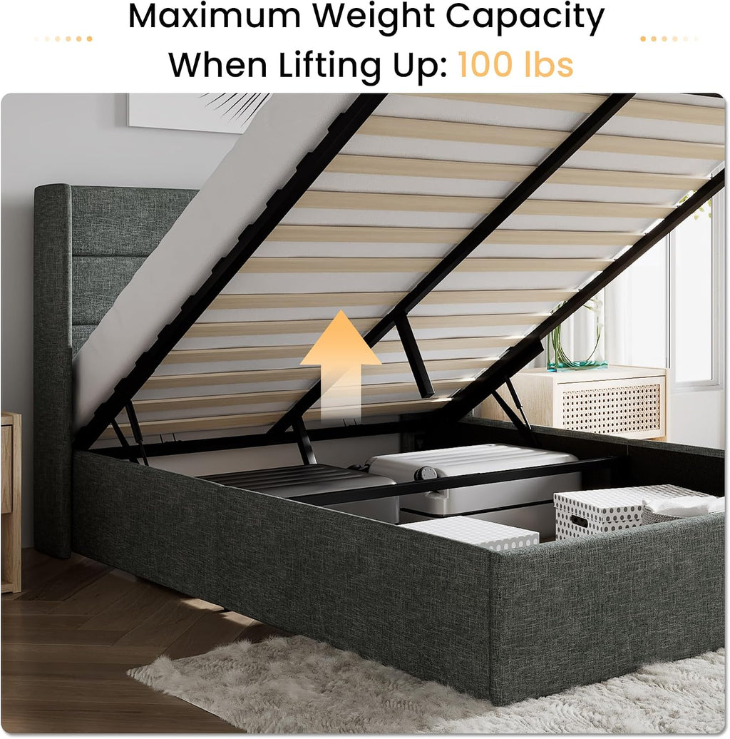 SHA CERLIN Full Size Lift Up Storage Bed/Modern Wingback Headboard/Upholstered Platform Bed Frame/Hydraulic Storage/No Box Spring Needed/Wood Slats Support/Dark Grey