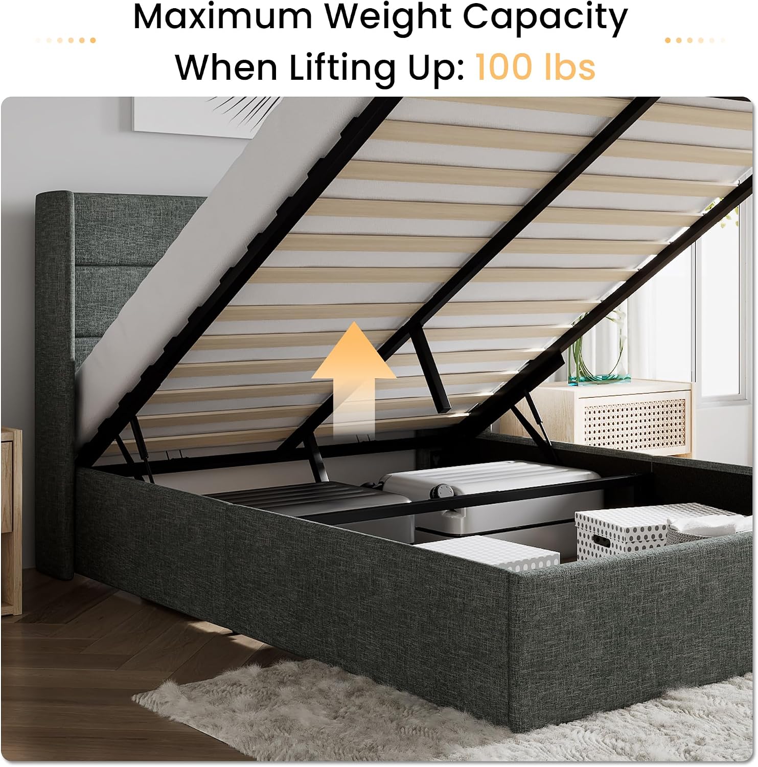 SHA CERLIN Queen Size Lift Up Storage Bed/Modern Wingback Headboard/Upholstered Platform Bed Frame/Hydraulic Storage/No Box Spring Needed/Wood Slats Support/Dark Grey