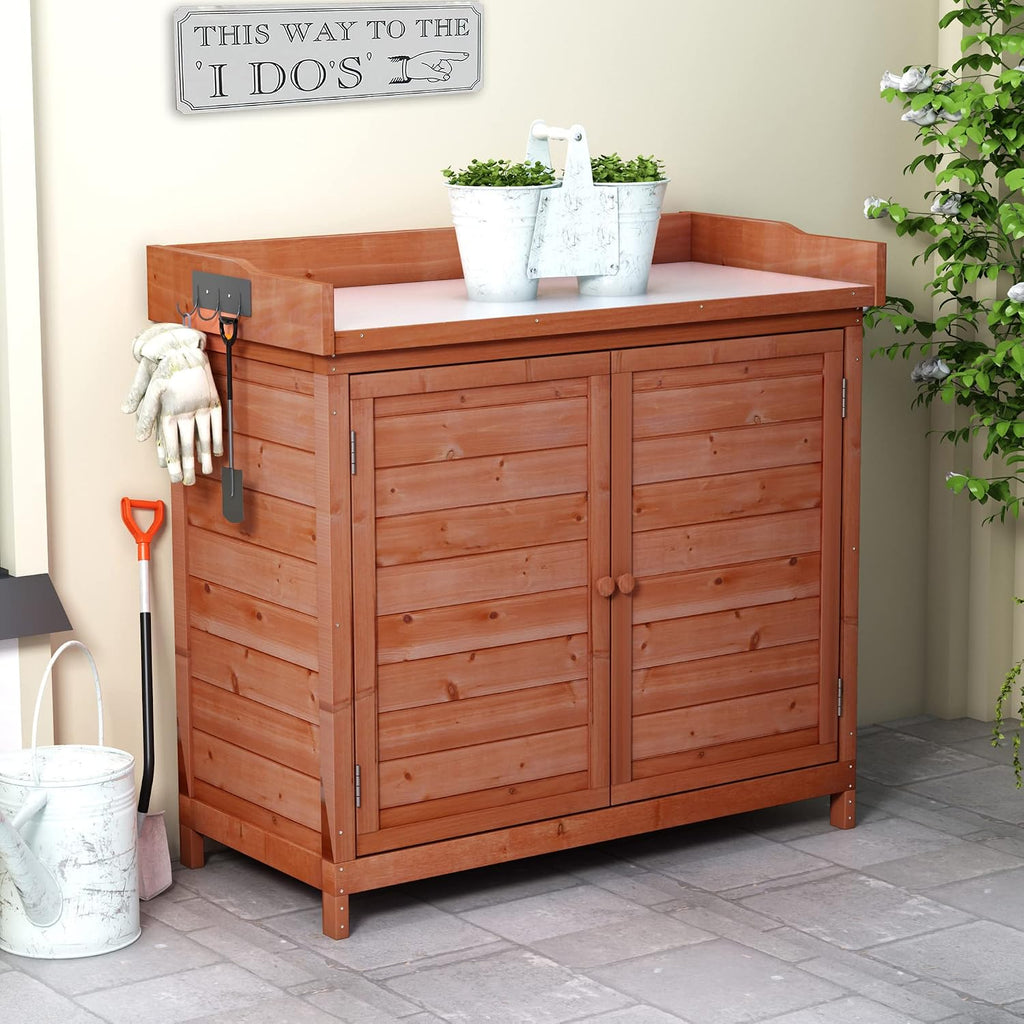 SPOFLYINN 39 Inch Outdoor Garden Horticultural Wooden Storage Cabinet Garden Potting Bench Table Planting Work Station for Indoor Outdoor Garden Storage Cabinet Orange As Shown One Size