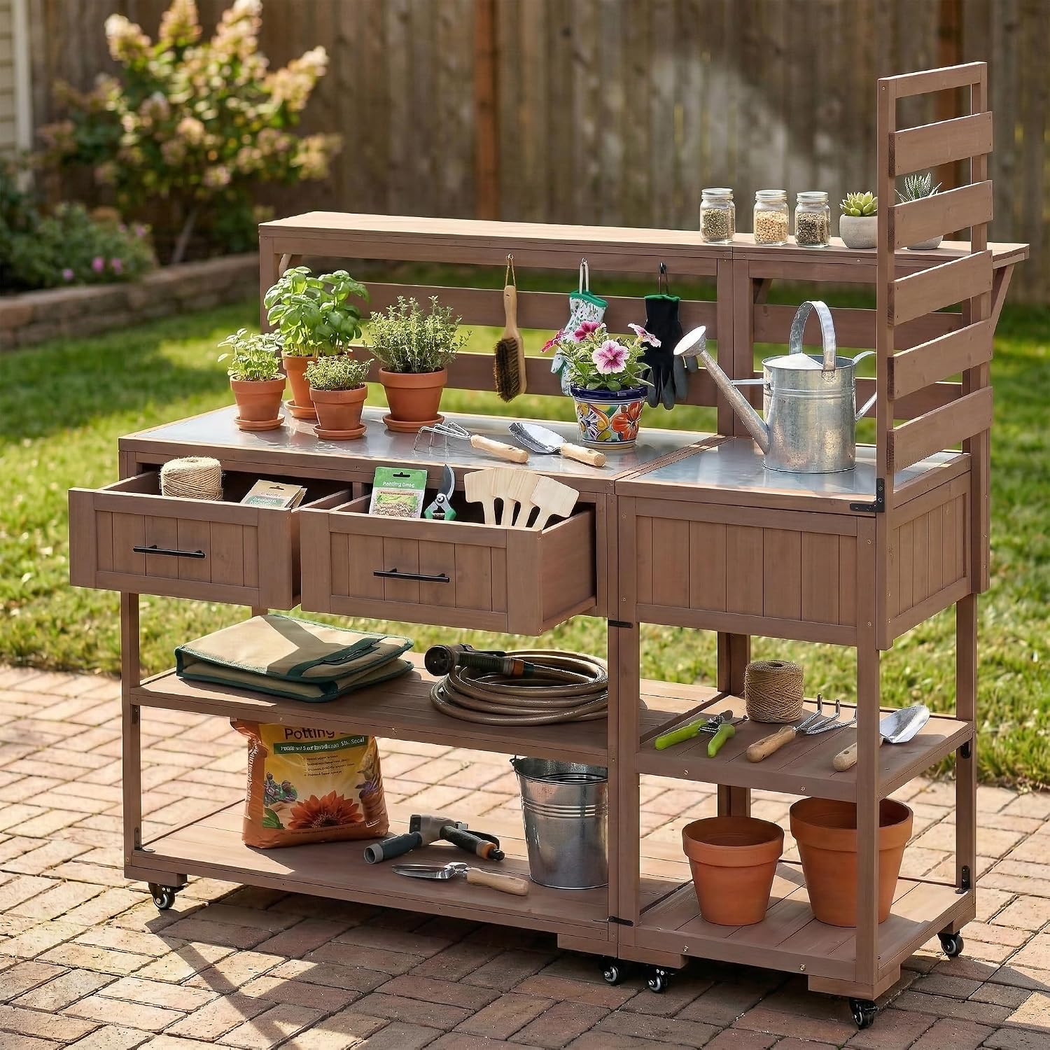 Patio Potting Bench Table with Stainless Table Top, Outdoor Large Garden Workstation on Wheels with Raised Shelf and Drawers for Backyard (Brown)