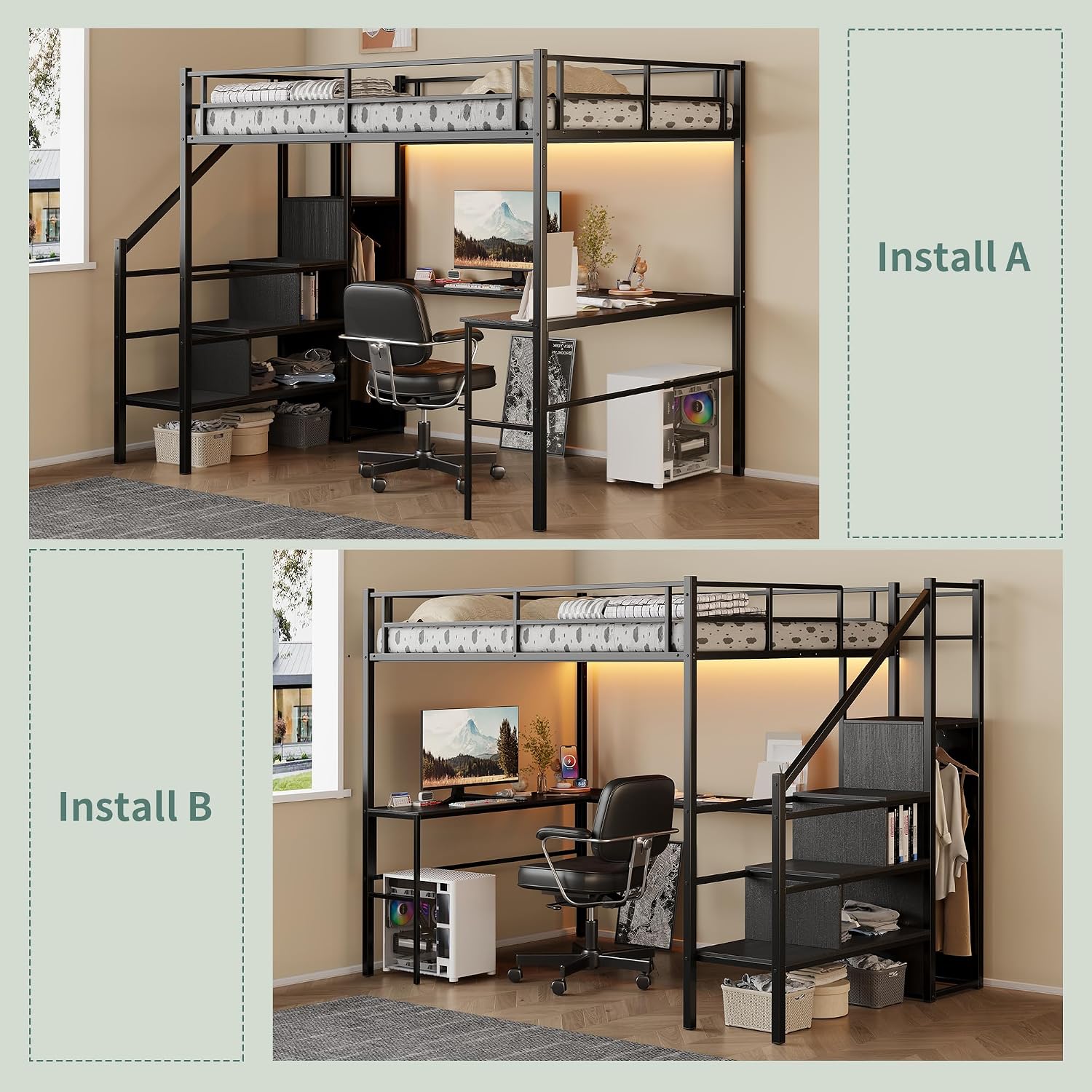 Full Size Loft Bed with L-Shaped Desk and Built-in Storage Shelves & Wardrob, Convertible Stairs, Metal Loft Bed Frame with LED Light & Charging Station, for Teens/Adults (Black)