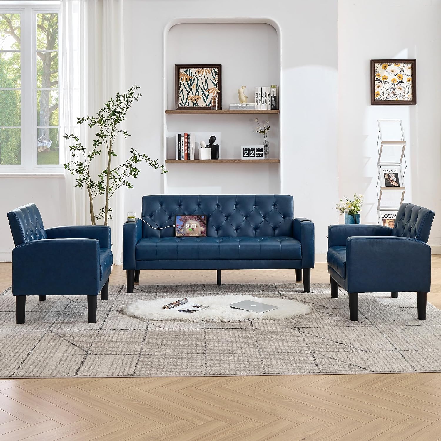 TYBOATLE 62' W Leather Loveseat w/Chairs, 3 Piece Sofa Sets for Living Room w/ 2 USB Charger Ports and 2 Cupholders, Living Room Furniture Sets of 3 (3, Blue)