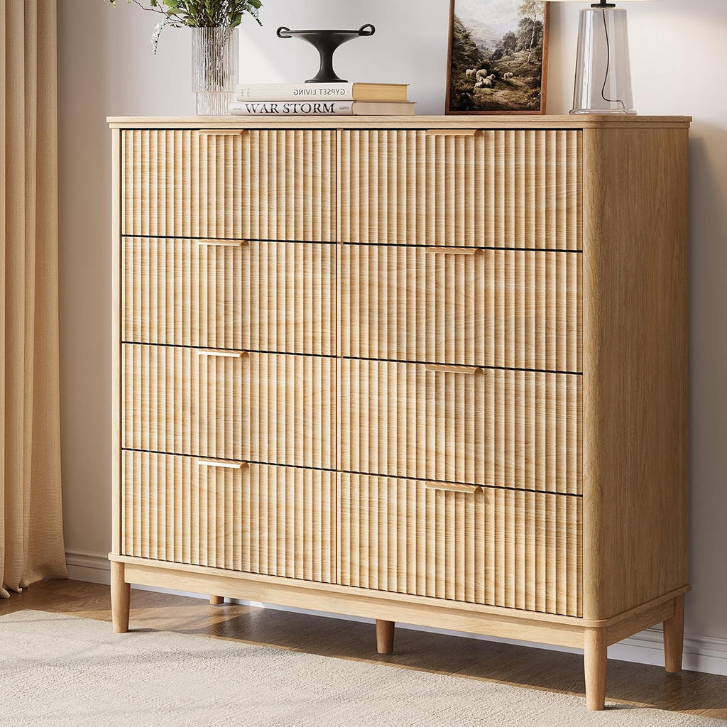 LINSY HOME Fluted Dresser for Bedroom with 8 Drawers, 47' Wide Mid Century Modern Dressers, Tall Boho Chest of Drawers, Large Wood Accent Storage Cabinet for Living Room, Curved Profile Design, Oak