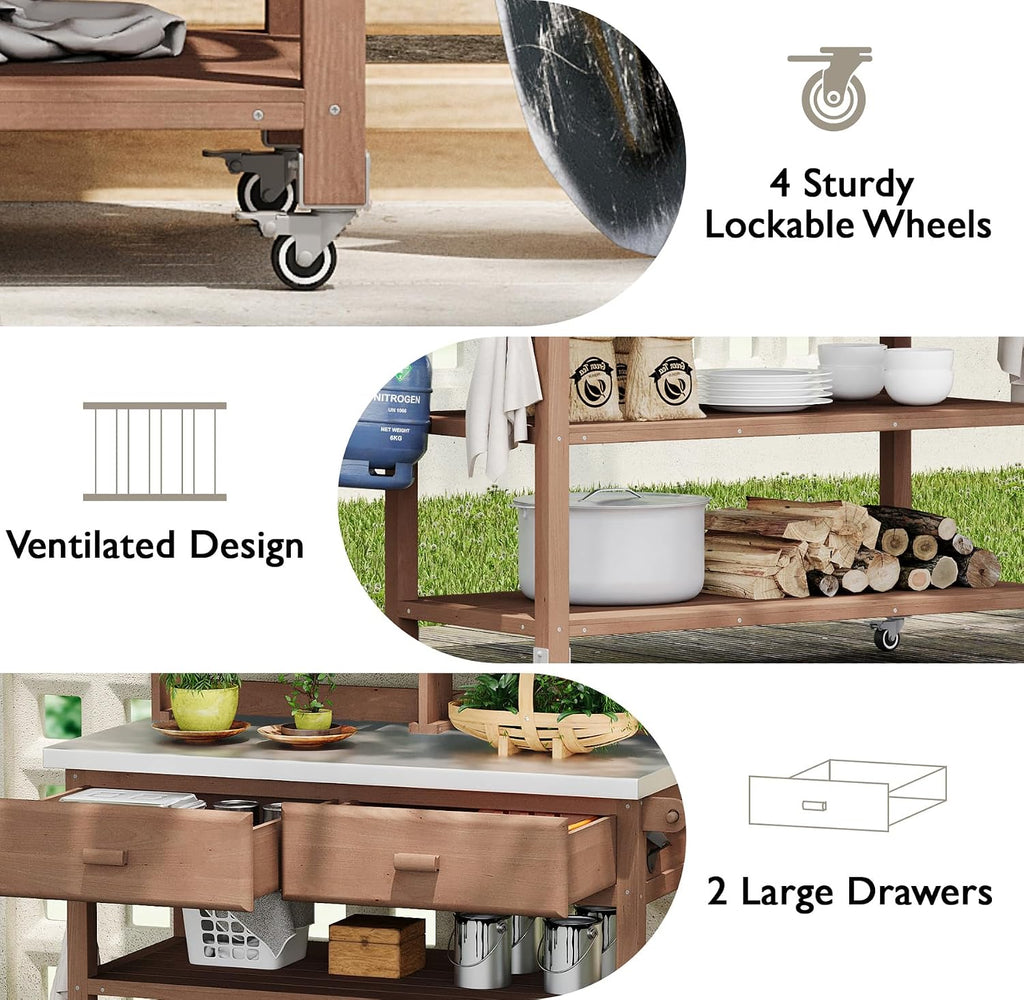 65' H Outdoor Potting Bench Table with Lockable Wheels, Wood Large Outdoor Kitchen Island Prep Station with Stainless Steel Top Waterproof Cover & Towel Rack for Outside Garden, Patio