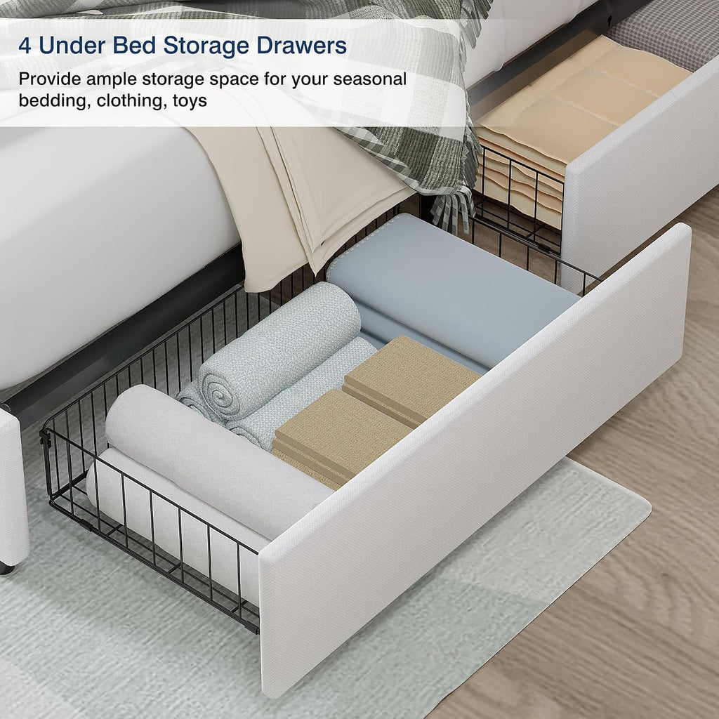 VECELO Full Size Platform Bed Frame with Type-C & USB Charging Stations/4 Storage Drawers, Upholstered Adjustable Headboard, Strong Wooden Slats Support, No Box Spring Needed, Easy Assembly