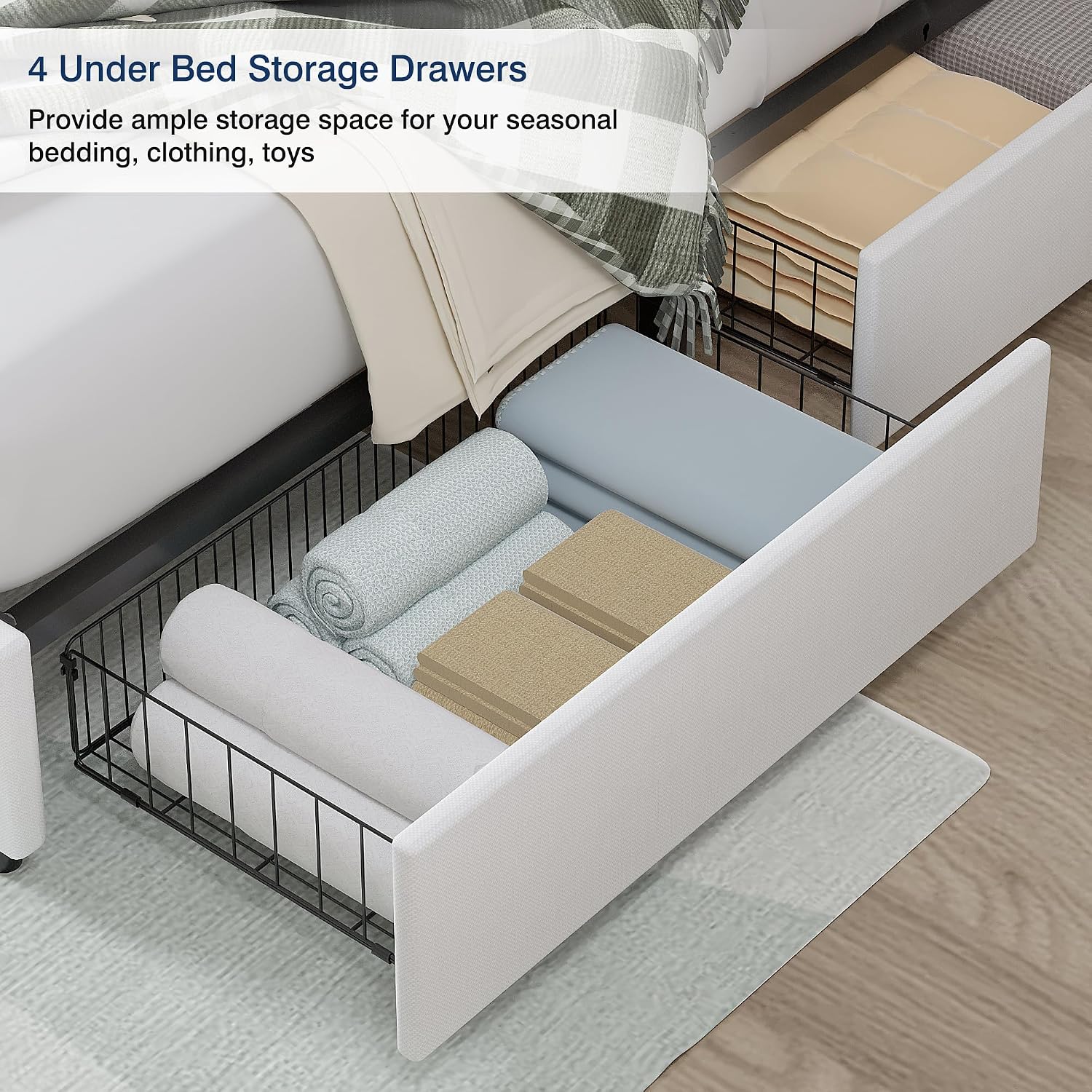 VECELO Queen Size Platform Bed Frame with Type-C & USB Charging Stations/4 Storage Drawers, Upholstered Adjustable Headboard, Strong Wooden Slats Support, No Box Spring Needed, Easy Assembly