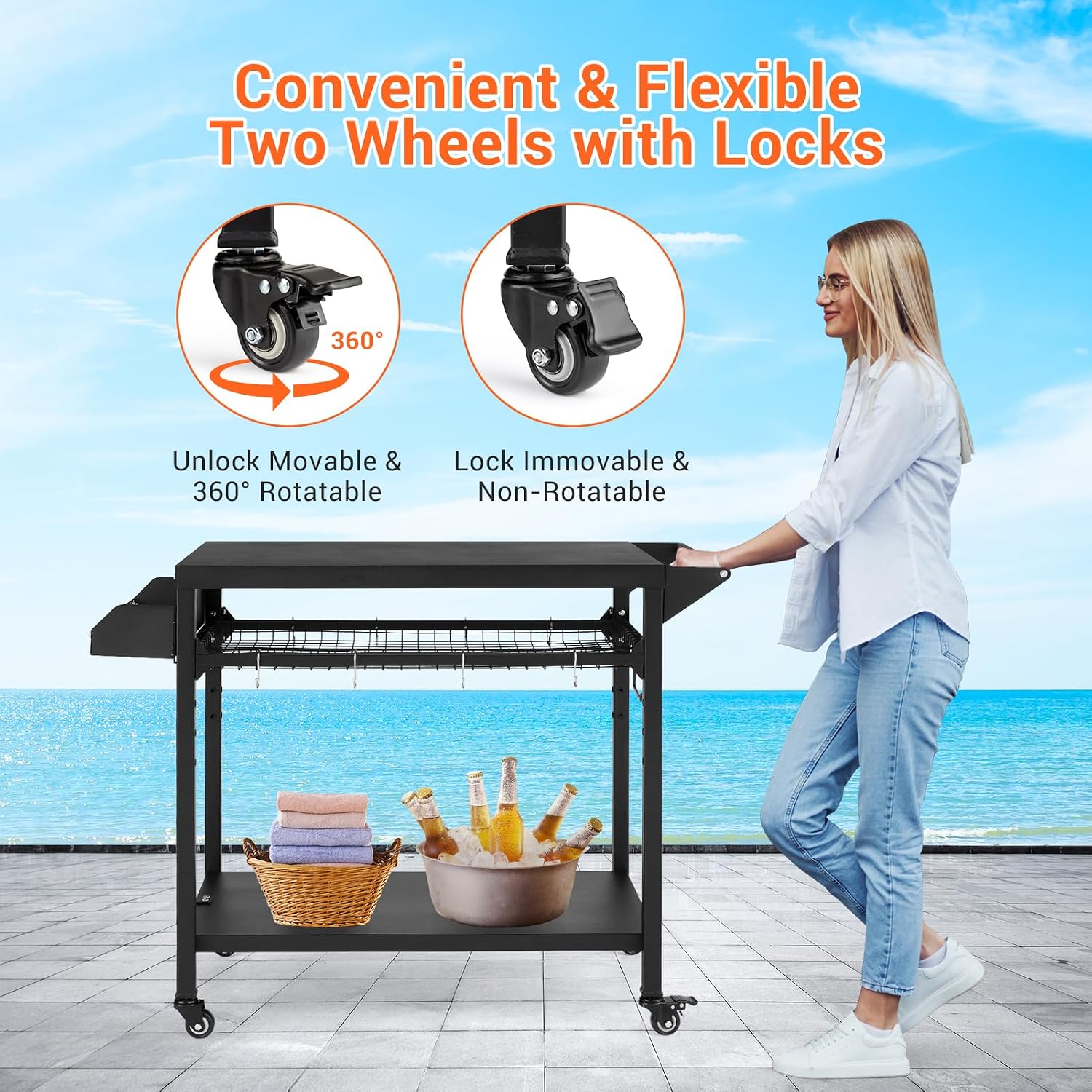 Heavy Duty Outdoor Grill Cart with Wheels - 3-Tier Rolling BBQ Prep Table & Pizza Oven Stand - Storage Shelves, Mesh Rack, Lockable Casters - Black Metal Utility Cart for Patio, Camping