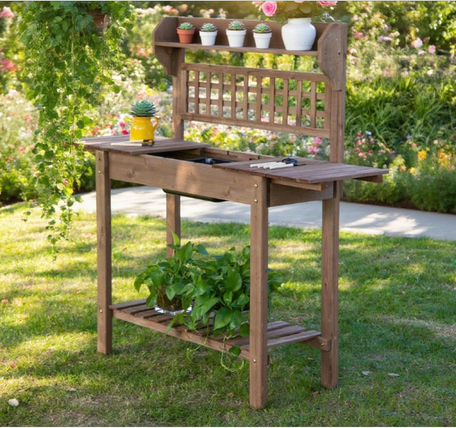 Wooden Outdoor Potting Bench Workstation Table with Storage Shelf, Dry Sink and Expandable Sliding Tabletop for Cutting and Potting Vegetables, Herbs, and Other Plants (Brown)