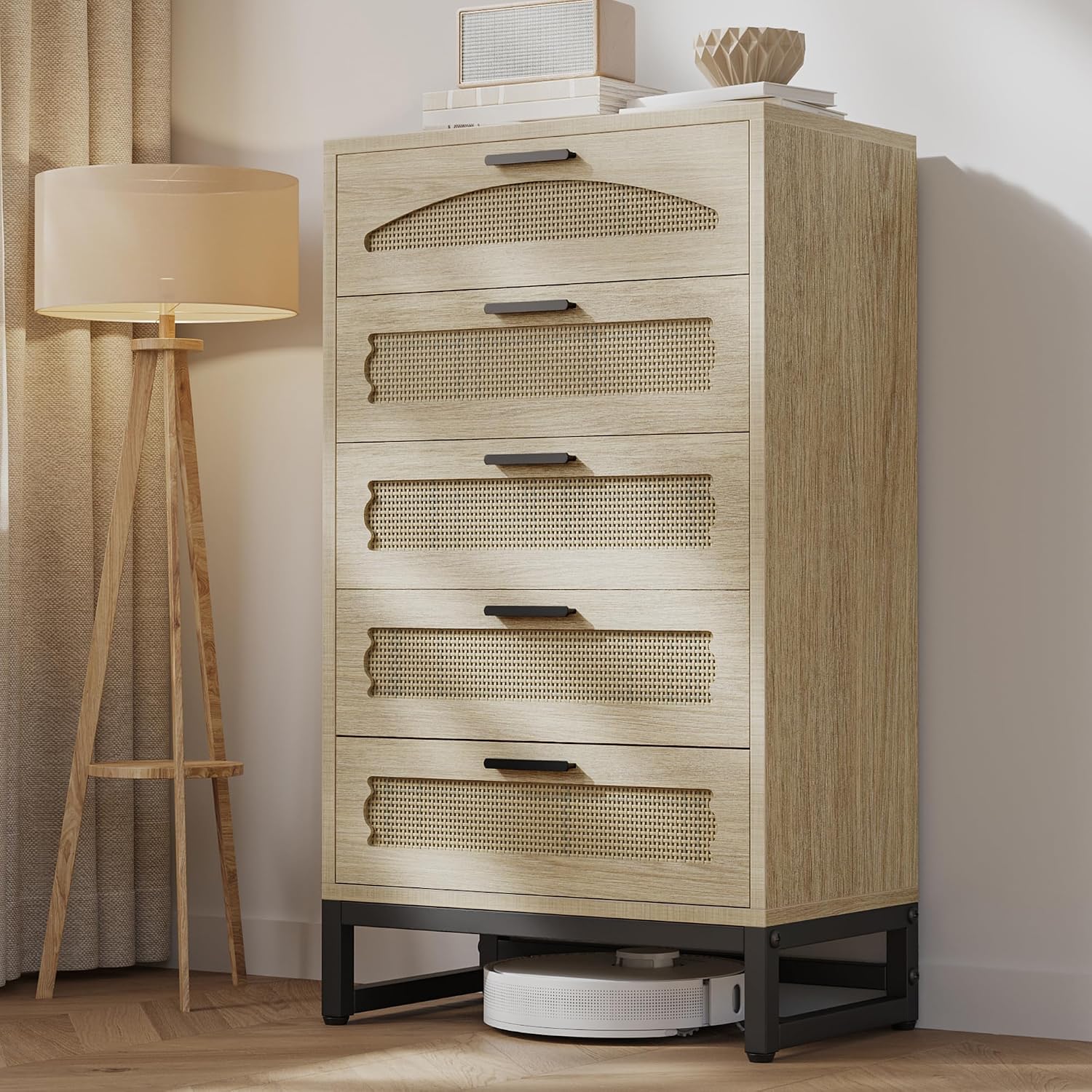 Mericonia 5 Drawer Rattan Dresser for Bedroom, Wood Tall Dresser for Closet with Metal Handles, Boho Nightstand Sets, Dressers & Chests of Drawers for Bedroom, Hallway and Entryway, Oak