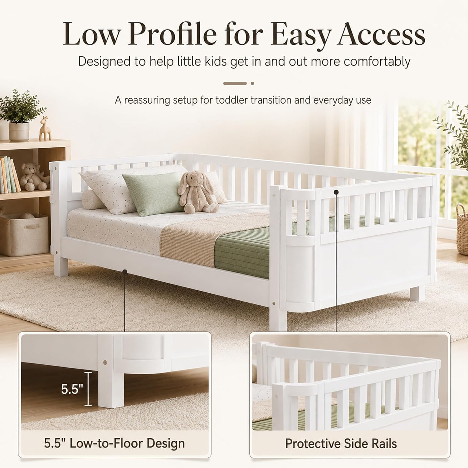 Twin Size Kids Bed Frame, Low Profile Montessori Twin Bed with Rails, Wood Daybed for Girls & Boys, No Spring Box Required, No Squeaks, White