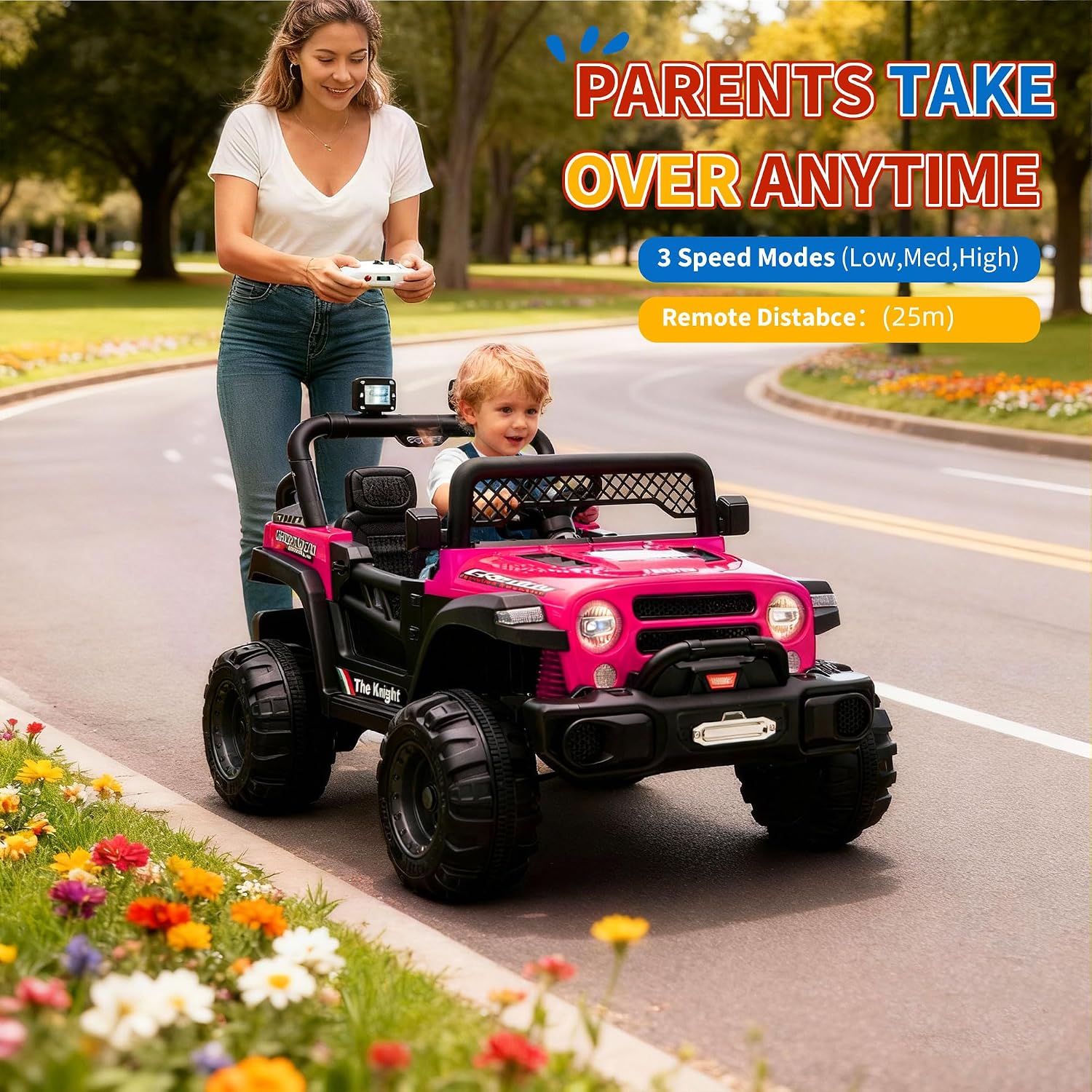 12V Ride on Truck，Kids Electric Car with Parent Remote Control| Features 3 Speeds Up to 6MPH, 2 * 550w Moto, Safty Belt，Spring Suspension, LED Lights, Music for Children Aged 2-8 Years（Rosy