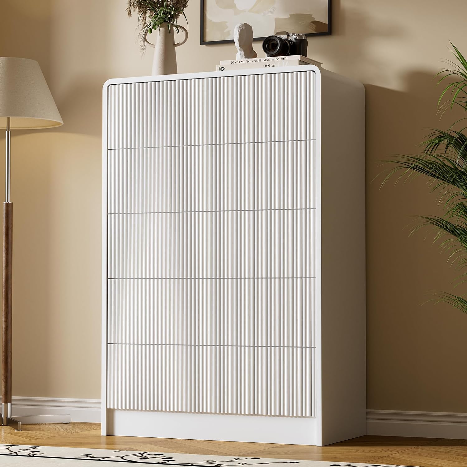 Furniway White 5 Drawer Dresser for Bedroom, Curved Tall Dresser with Push-to-Open Design, Chest of Drawers for Bedroom, Living Room, Hallway, 15.7'D x 32'W x 47.2'H