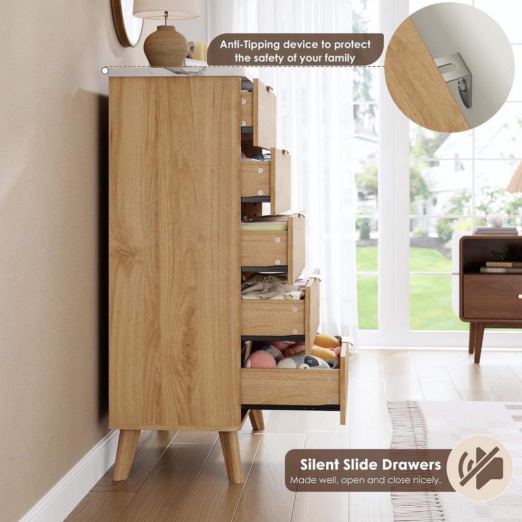 Fluted Dresser for Bedroom with 5 Deep Drawers, 47.2 in Tall Chest of Drawers with Faux Marble Top, Curved Profile Design, Modern Wooden Dresser, for Living Room, Kids Room, Hallway, Natural Oak