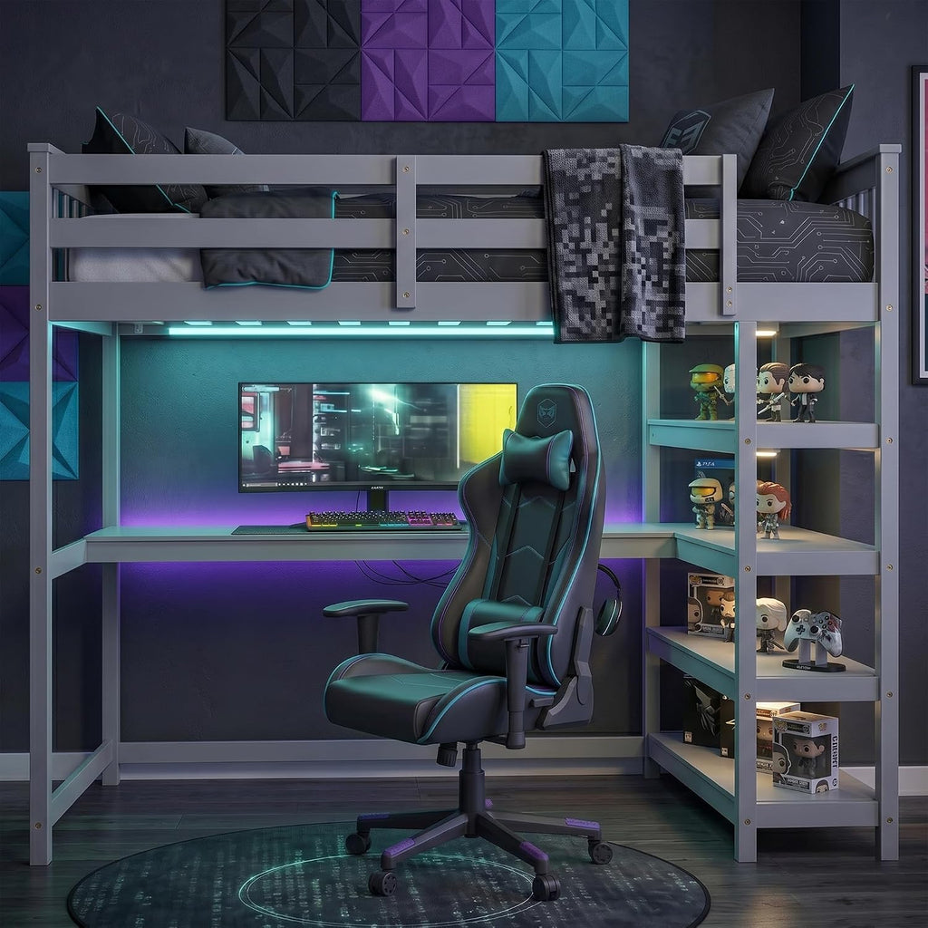 Merax Wood Loft Bed with Desk : Twin Size Loft Bed with 4-Storage Shelves and Under Bed Desk Solid Wood Bed, Grey