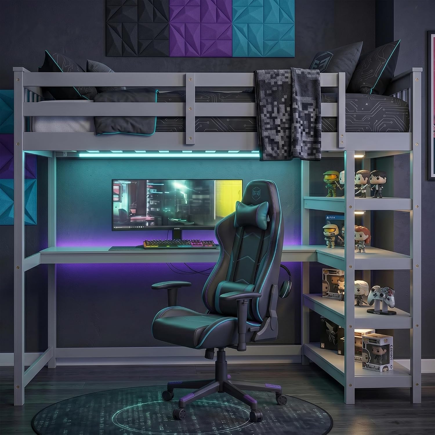 Merax Wood Loft Bed with Desk : Twin Size Loft Bed with 4-Storage Shelves and Under Bed Desk Solid Wood Bed, Grey