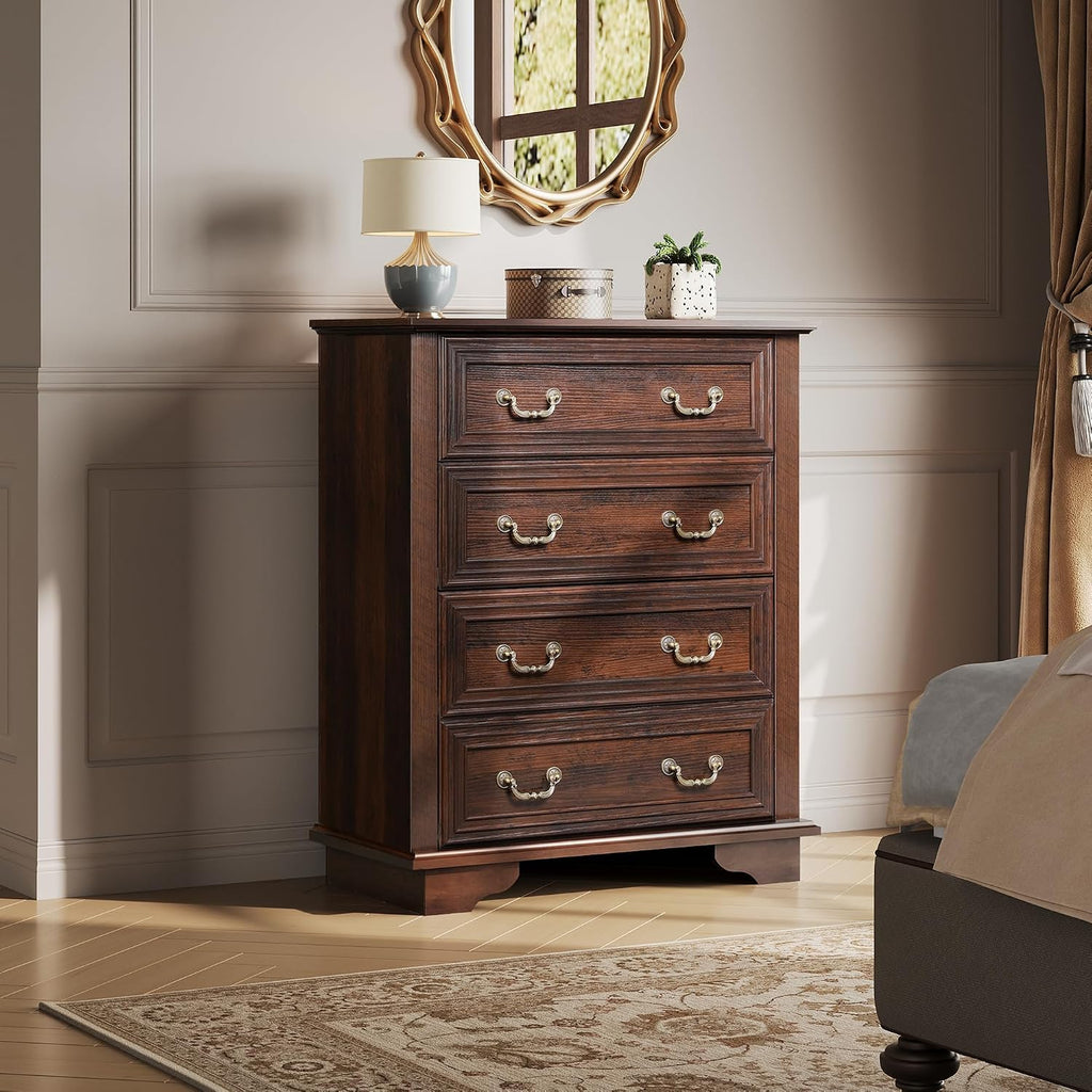 WLIVE Farmhouse 4 Drawer Dresser for Bedroom, 39' Tall Vintage Wood Chest of Drawers, Rustic Small Dressers with Square Wooden Legs, Mid-Century Storage Organizer for Living Room, Walnut