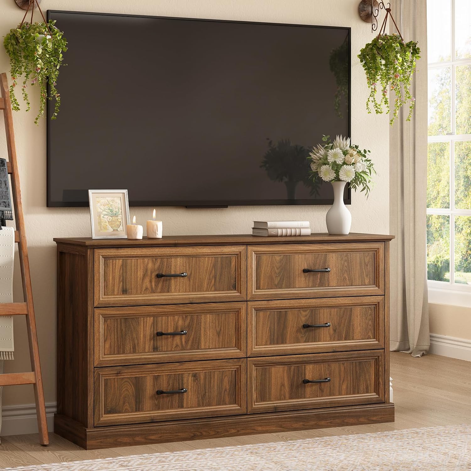 Farmhouse 6 Drawer Dresser for Bedroom, 55 Inch Wide Modern Walnut Dresser TV Stand with Large Drawers & Bar Handles, Rustic Wood Chest of Drawers for Bedroom, Living Room, Hallway, Entryway.