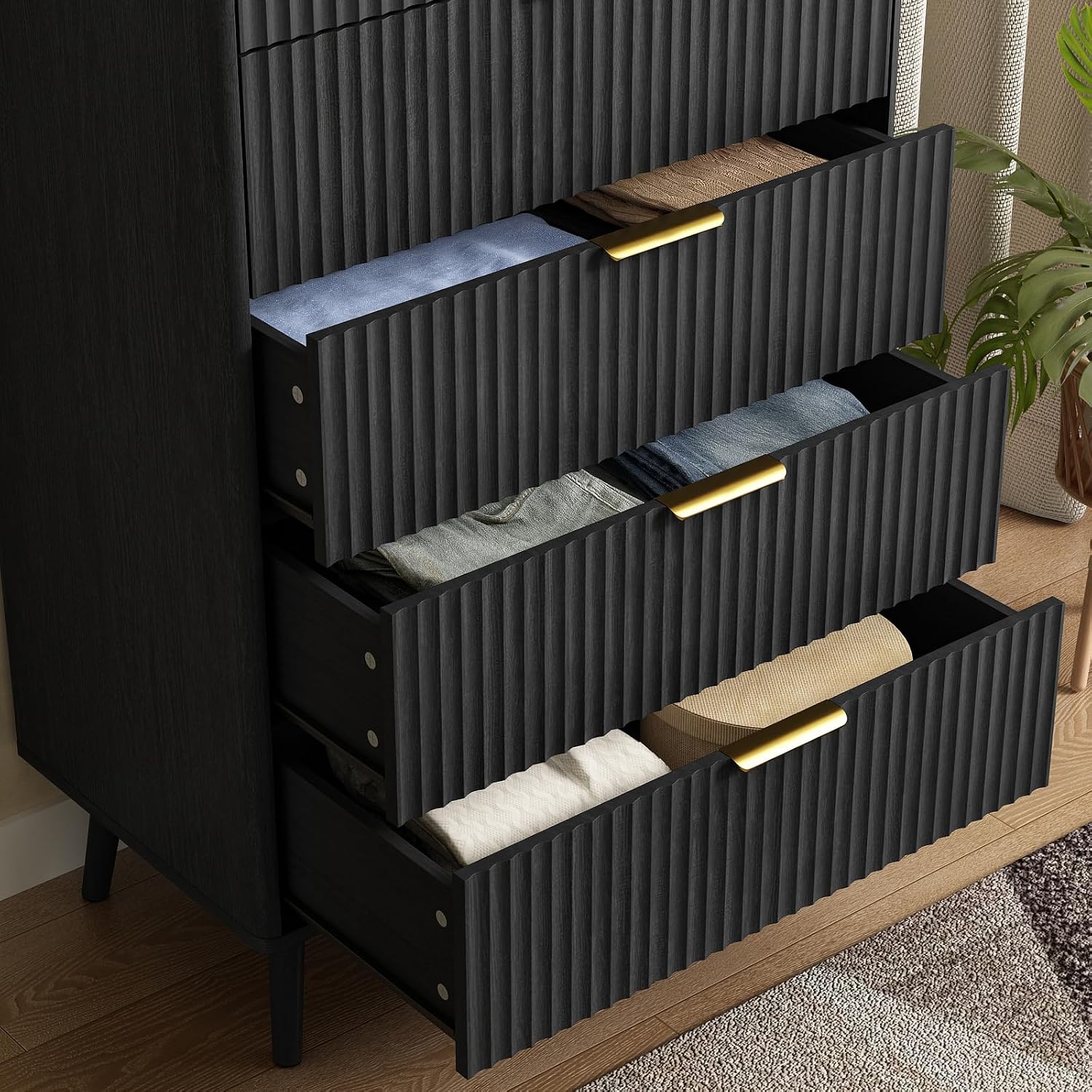 CARPETNAL Fluted 5 Drawers Dresser for Bedroom, 45' Tall Wooden Chest of Drawers with Rounded Corners, Gold Handles, Modern Storage Organizer for Bedroom, Hallway (Black)
