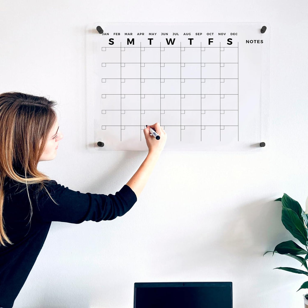 Acrylic Wall Premium Calendar with Black Hardware - Monthly and Weekly Board Family Planner - Dry Erase Calendar Family Calendar - Marker (Black Standoff, 36'x24' (Large))