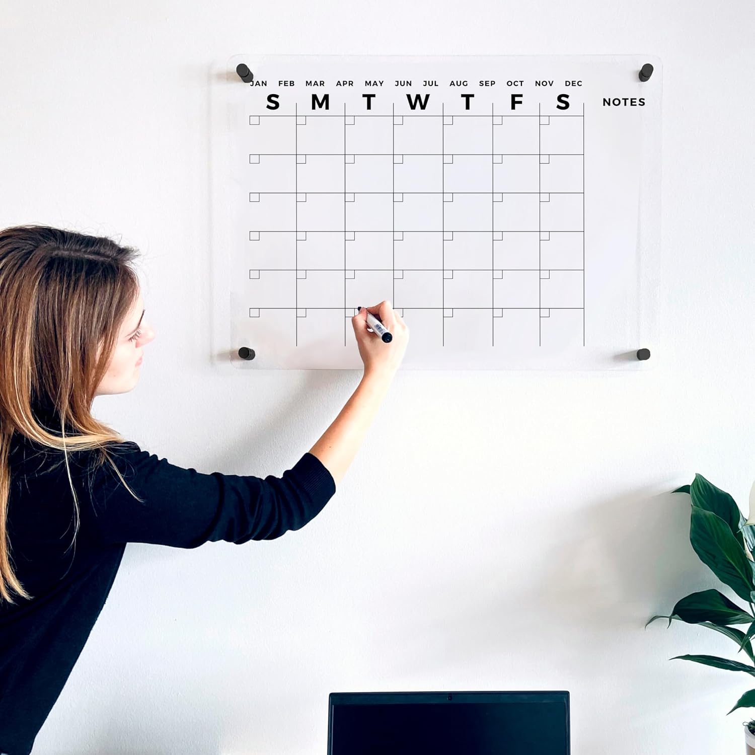 Acrylic Wall Premium Calendar with Black Hardware - Monthly and Weekly Board Family Planner - Dry Erase Calendar Family Calendar - Marker (Black Standoff, 36'x24' (Large))