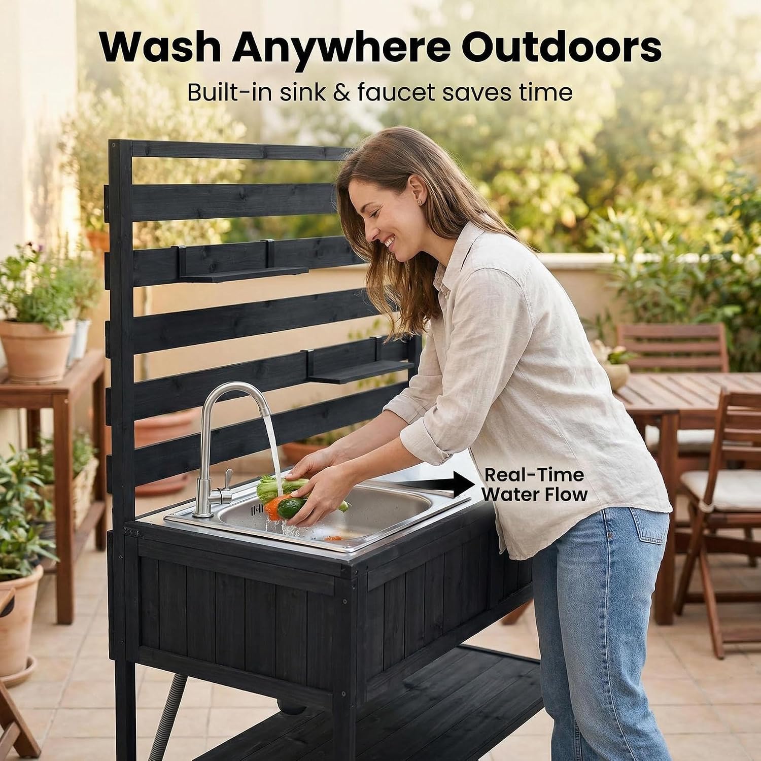Outdoor Grill Table with Stainless Steel Sink, Outdoor Sink Station, 41.7' Rolling Kitchen Island Cart, Solid Wood Potting Table, 2 Shelves (Black)