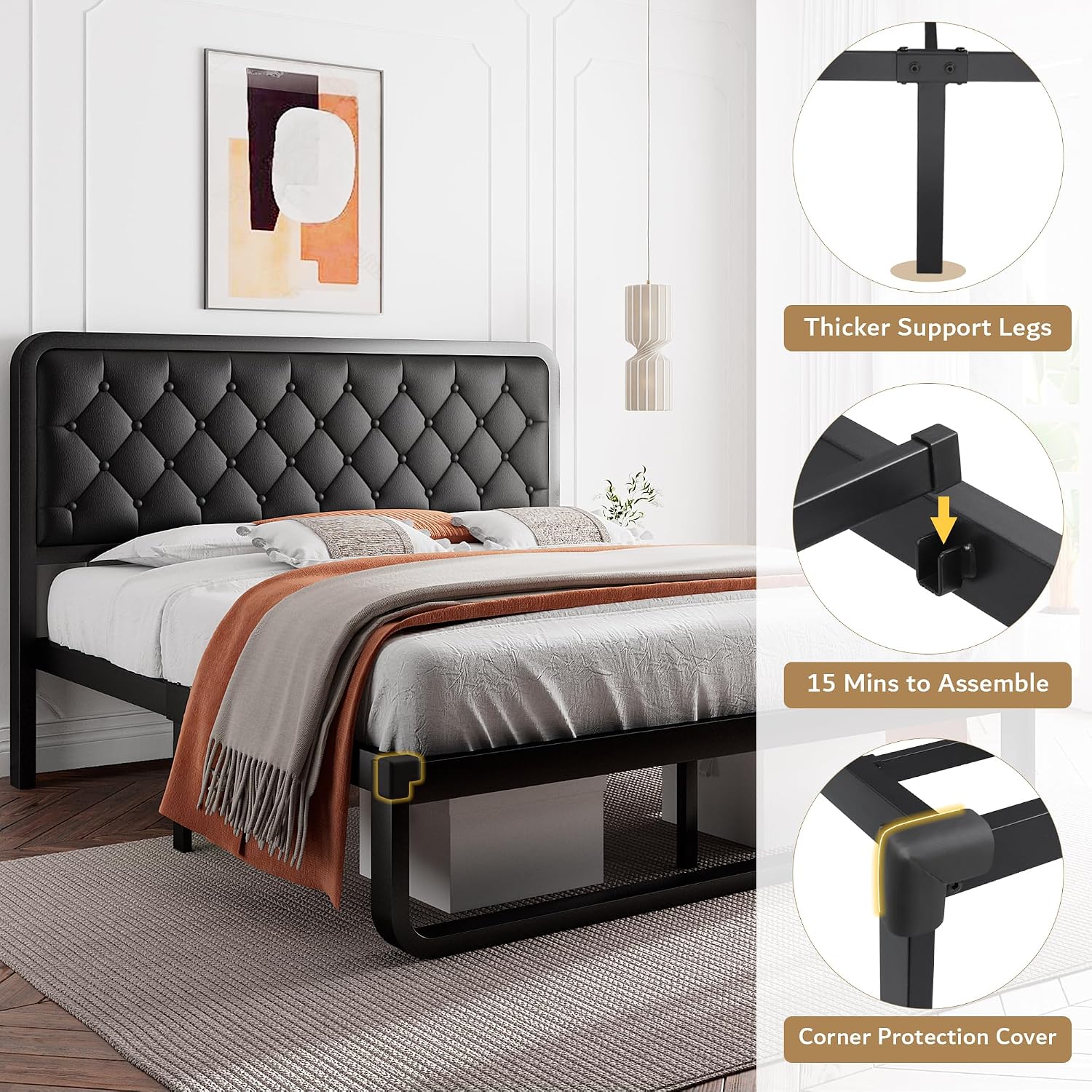 iPormis Queen Bed Frame with Headboard Faux Leather Upholstered Bed Frame Platform, All Metal Slats Support Platform Bed Frame with 12' Under Bed Space, Noise Free, No Box Spring Needed, Black