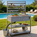 Outdoor Kitchen Island with Sink and Stainless Steel Top, 65 in | Fir wood, stainless steel top, sink, faucet, movable shelves, bottle opener, lockable wheels, 41.7 W x 16.6 D x 65 H in