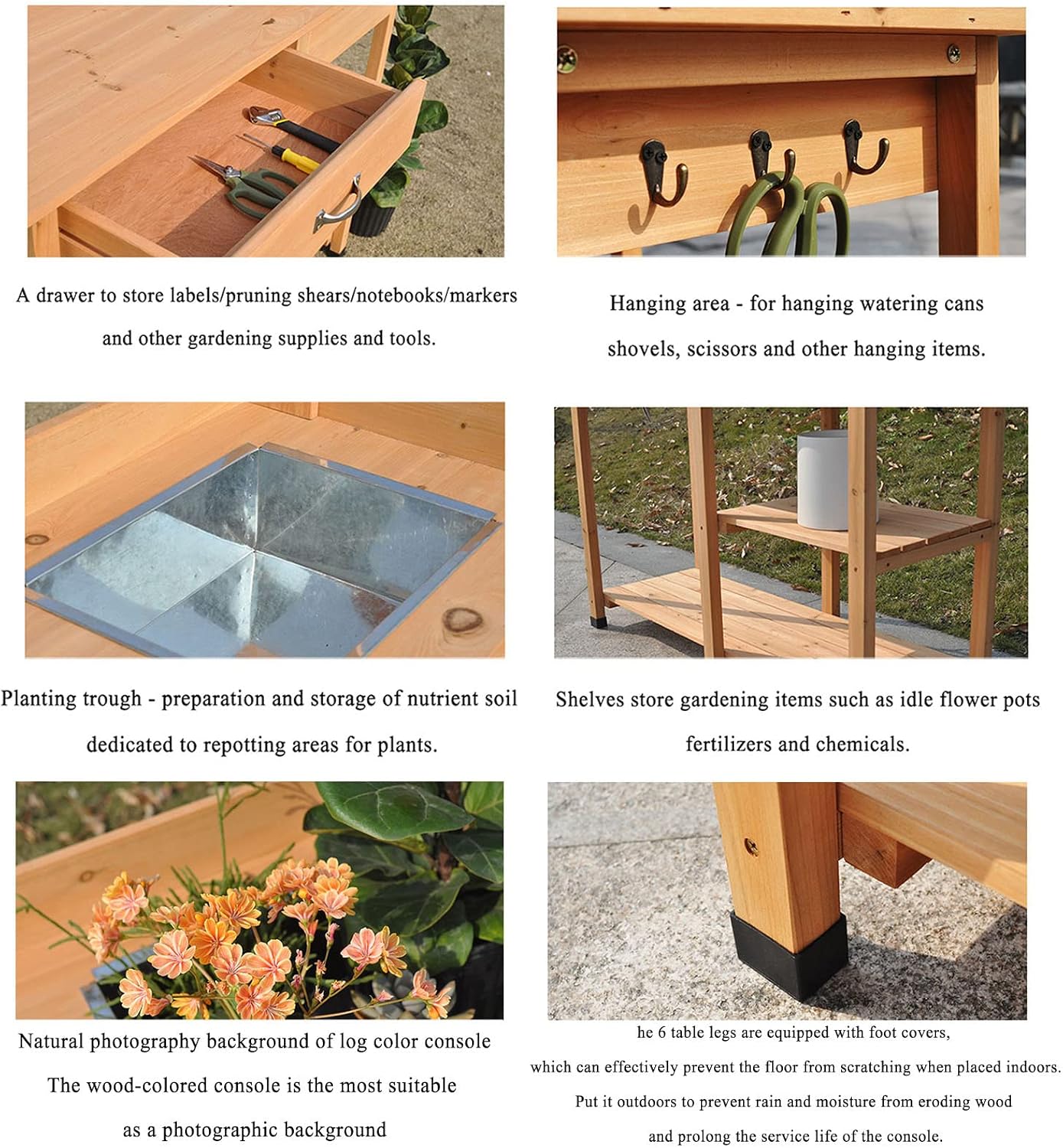 Garden Potting Bench, Fir Wood Outdoor Prep Station with Removable Sink, Drawer, and Hooks,Natural Wooden Work Station for Patio, Backyard and Porch