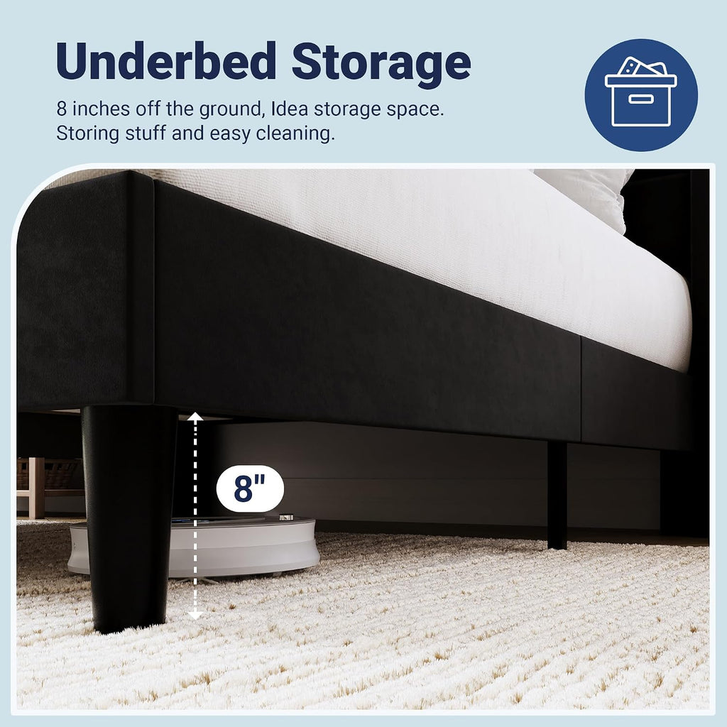 Allewie King Size Platform Bed Frame with Charging Station & Storage Headboard, Upholstered Velvet Wingback Design & USB Port, Strong Wooden Slats Support, No Box Spring Needed, Easy Assembly, Black