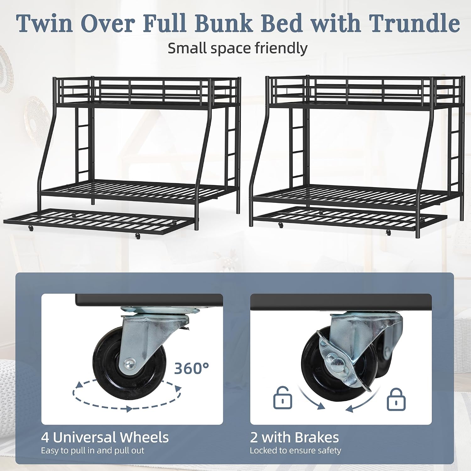 Shintenchi Bunk Bed Twin Over Full Size with Trundle, Heavy-Duty Twin&Full Frame with Full-Length Guardrail and Two Ladders, Triple for Kids, Teens and Adults, Space-Saving, Black