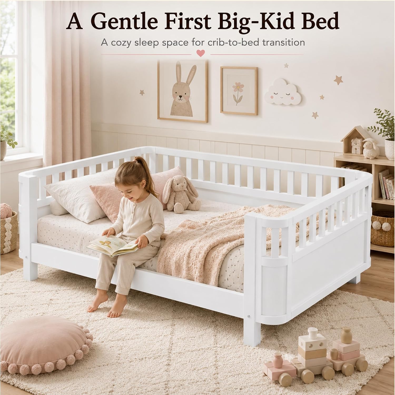 Twin Size Kids Bed Frame, Low Profile Montessori Twin Bed with Rails, Wood Daybed for Girls & Boys, No Spring Box Required, No Squeaks, White