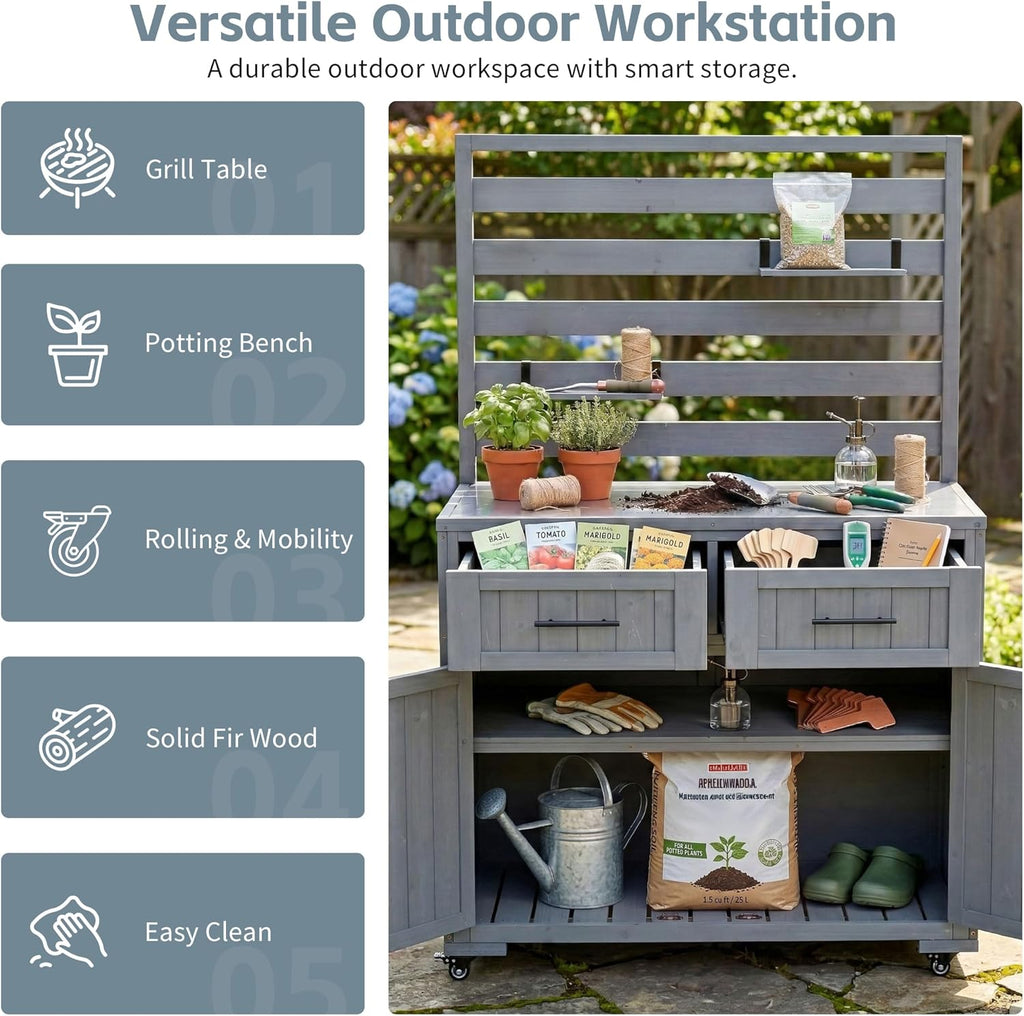 Polibi Outdoor Kitchen Island Solid Wood Patio Cart, 64.9' BBQ Grill Prep Table with Stainless Top, 3 Movable Shelves & 2 Drawers, Garden Potting Bench, Gray