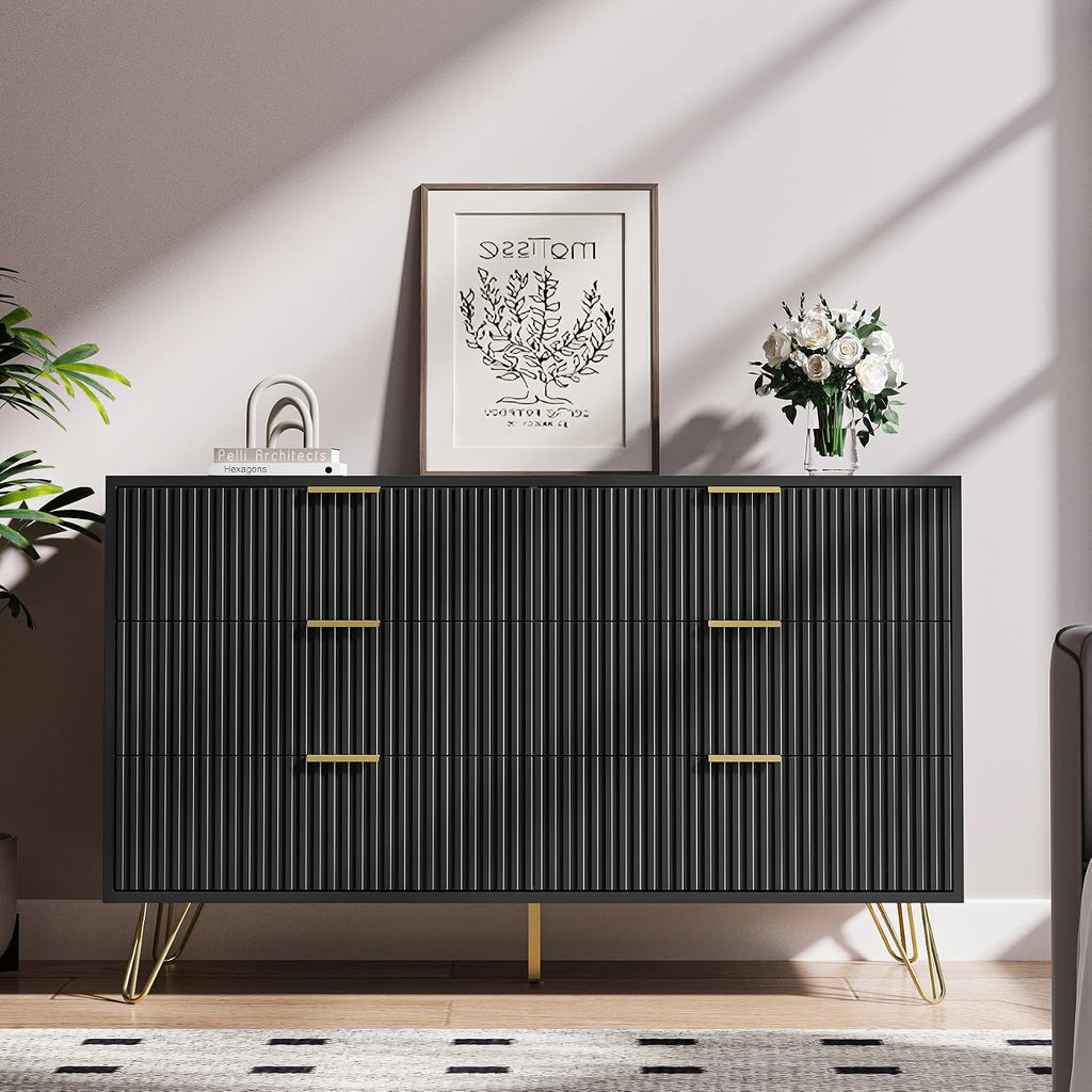 MAISONARIA Black Dresser for Bedroom, Modern Dresser with Gold Metal Handles & Chests of Drawers, Wood Chest of Drawers for Bedroom
