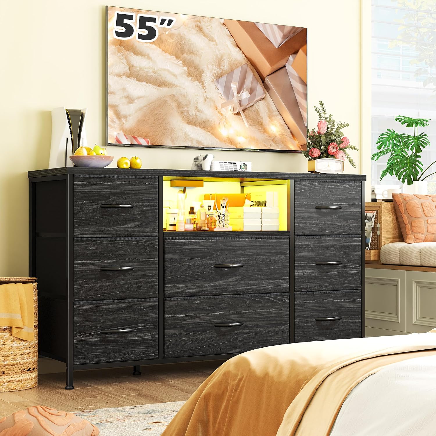 Black Dresser for Bedroom with LED Lights & Charging Station, Dresser TV Stand for Bedroom with 8 Drawer for 55 inch TV, Fabric Dressers & Chests of Drawers with Open Shelves for Hallway Entryway