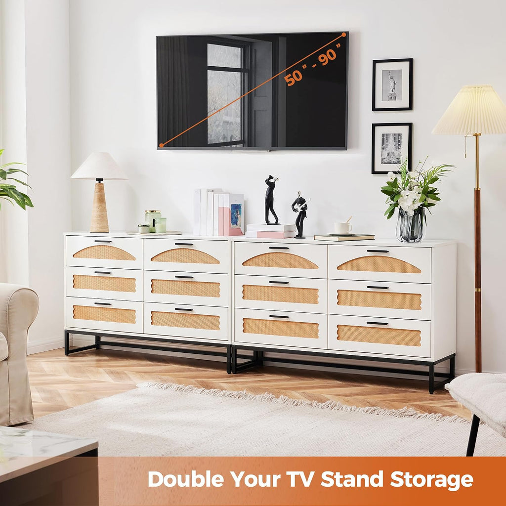 Mericonia 6 Drawer Double Dresser for Bedroom, Rattan Chest of Dressers, Modern Wooden Dresser Chest with Metal Frame for Bedroom, Living Room, Hallway and Entryway, White