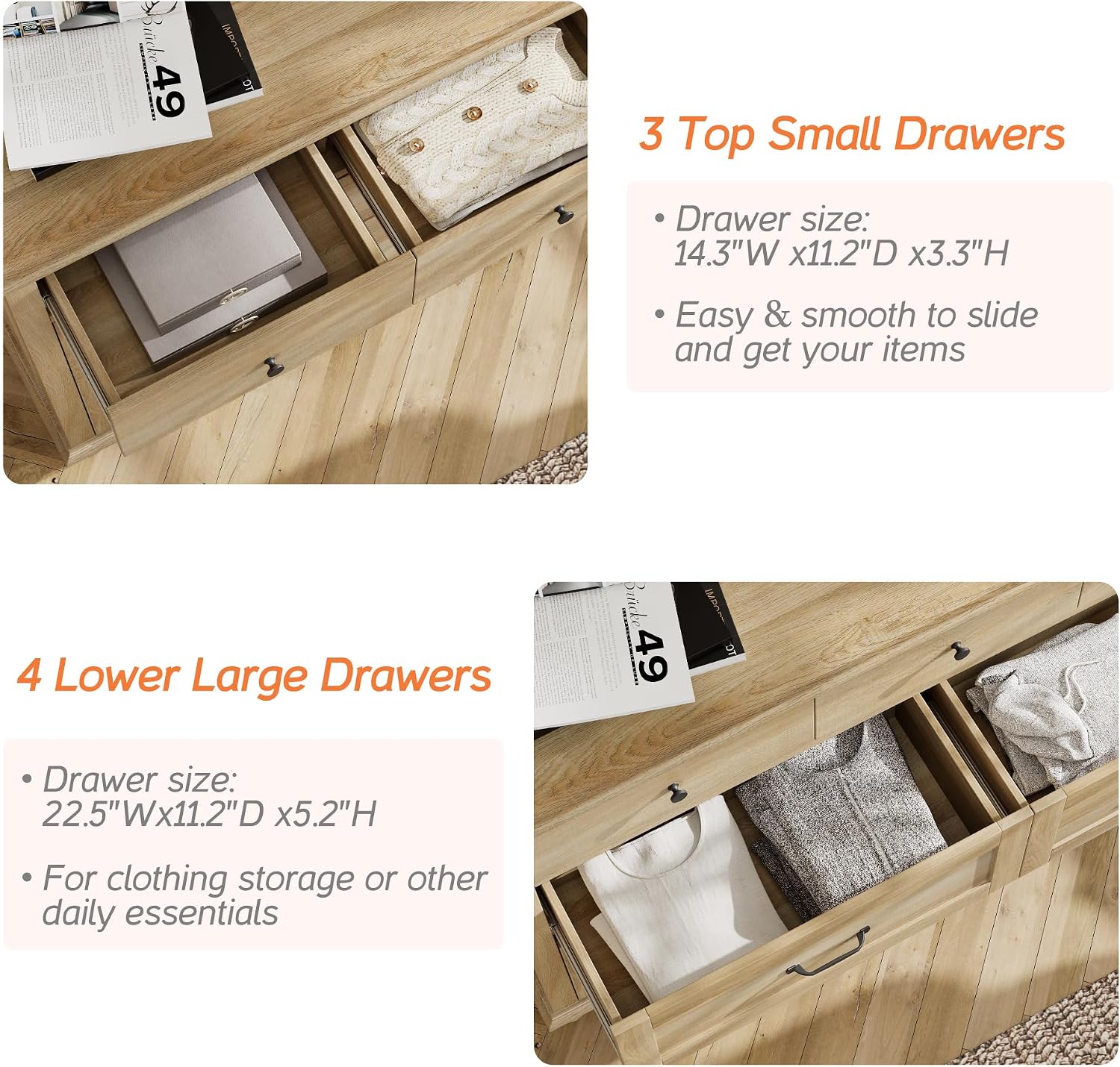 WAMPAT 2 Piece Dresser Set for Bedroom, One Farmhouse Dresser with 7 Drawers, One Baby Chest of Drawers with 5 Drawers, Wooden Closet Storage Organizer Set for Living Room, Kids Room, Oak