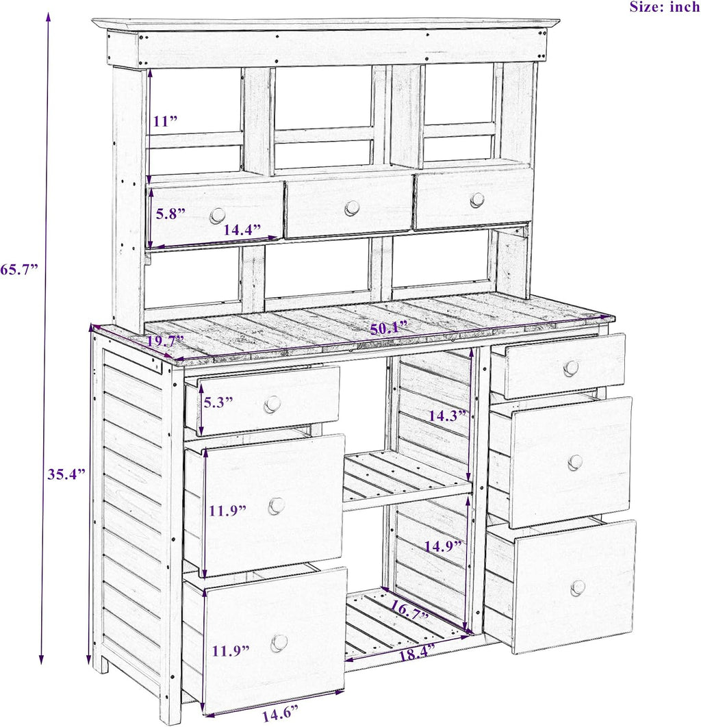Rustic Design Garden Potting Bench Table with 3 Tiers Shelf and Ample Drawers, Large Gardening Workstation with Fir Wood Frame for Outdoor Space