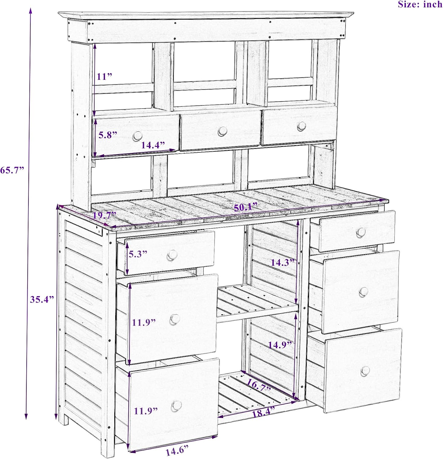 Rustic Design Garden Potting Bench Table with 3 Tiers Shelf and Ample Drawers, Large Gardening Workstation with Fir Wood Frame for Outdoor Space