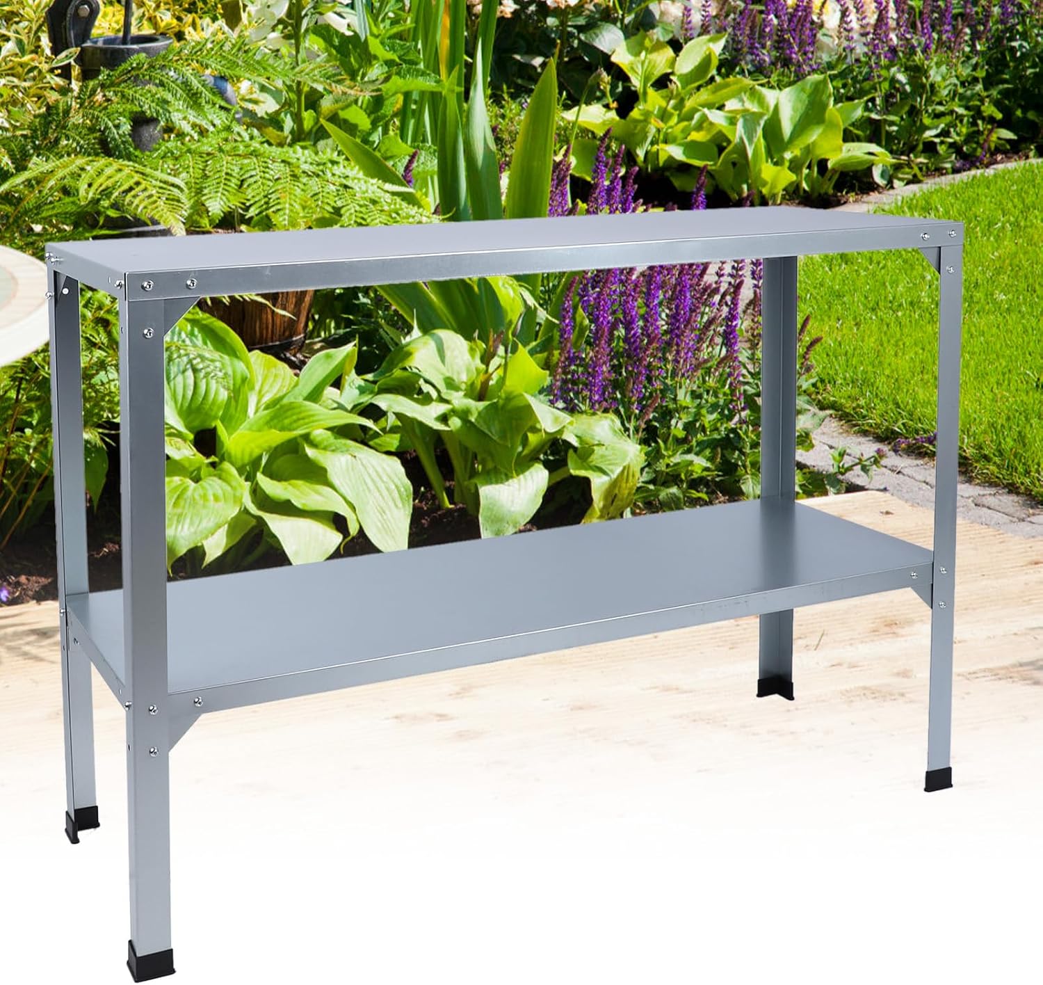 Potting Bench Table, 120KG Load Bearing Metal Garden Workstation Work Bench for Greenhouse Patio Porch, Double Layers Greenhouse Potting Table with Rubber Feet for Indoor Outdoor