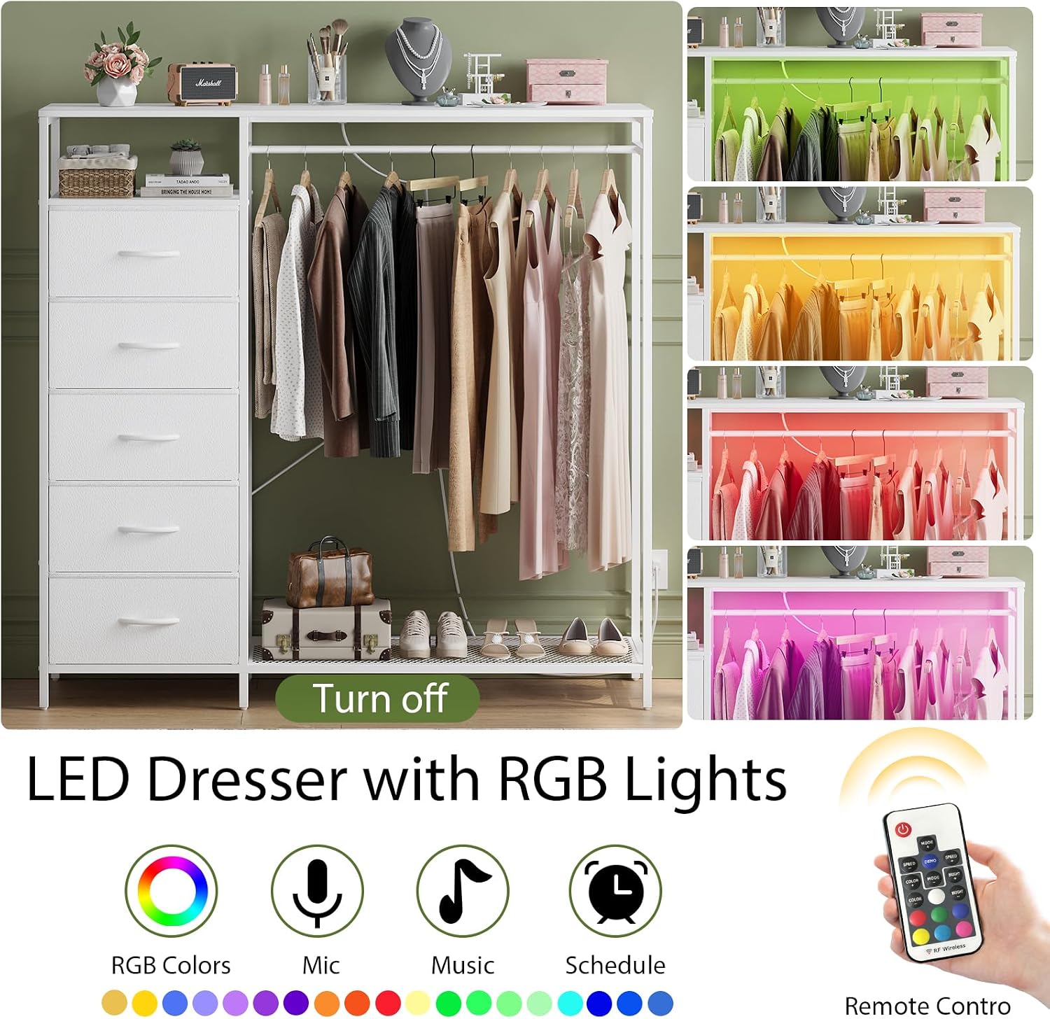 47 Inch White Dresser with LED Lights & Hanging Rack, 5 Drawer Fabric Dresser with Charging Station and Shelves, Tall Closet Organizer for Bedroom Clothes Storage