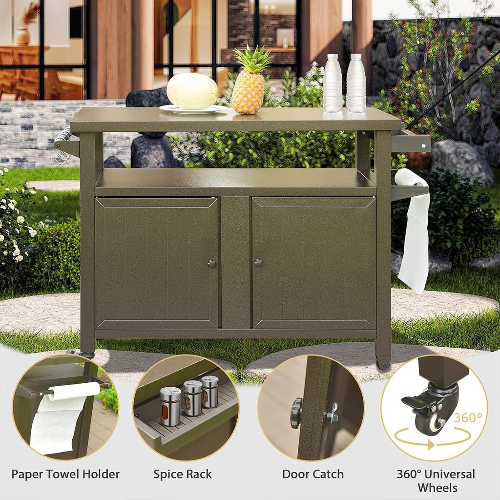 Outdoor Grill Cart with Wheels - BBQ Prep Table with Ample Storage, Perfect for Patio, Kitchen Island & Home Parties, Versatile Use as Dining Cart or Storage Cabinet