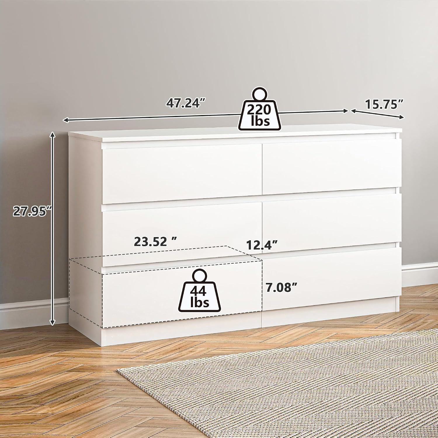 Vibe & Dine White Dresser 6 Drawer, Modern Double Dresser for Bedroom, Wood Chest of Drawers with Wide Storage for Living Room