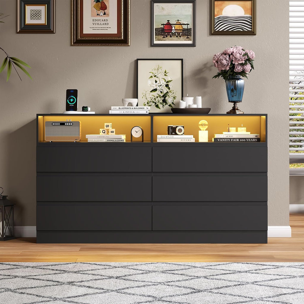 Gyfimoie 6 Drawer Dresser with Power Outlet, Modern Black Dresser Chest of Drawers with LED Ligh, Wooden Dressers TV Stand, Double Wide Dressers Organizer for Bedroom, Living Room, Entryway