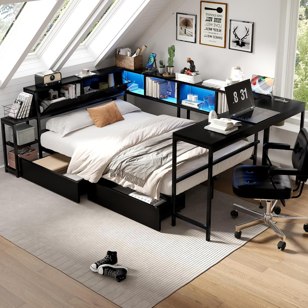 Bellemave Full Corner Bed Frame with Desk and Storage, Full Size Captains Bed with Charging Station and LED Light, Wood Daybeds with L-Shaped Bookcase and 2 Drawers, Black