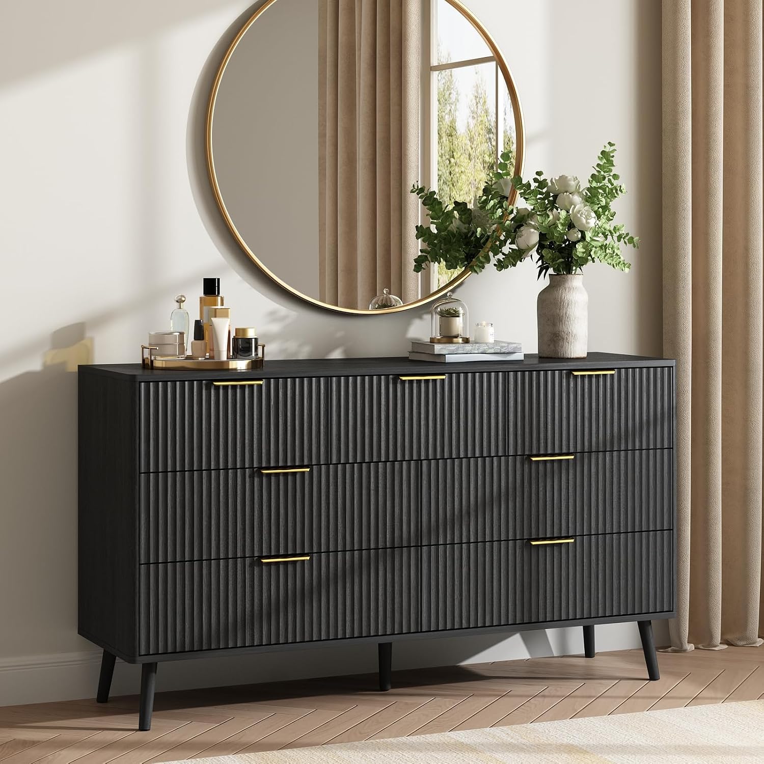 CARPETNAL Fluted 7 Drawer Dresser for Bedroom, 55' Wide Wooden Chest of Drawers with Rounded Corners, Gold Handles, Modern Storage Organizer for Bedroom, Hallway(Black)