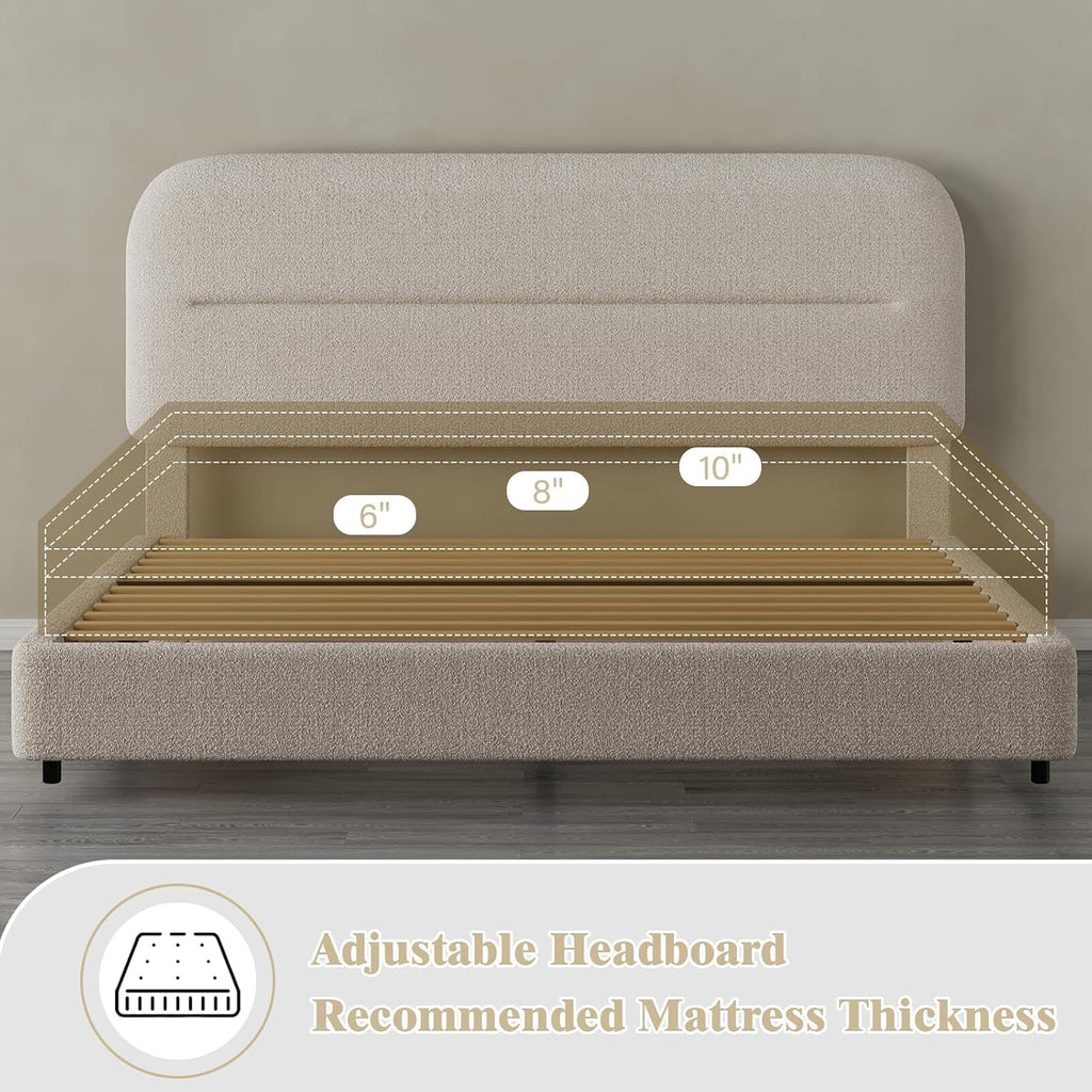HOMBCK King Size Bed Frame, Upholstered Boucle Bed Frame King with Headboard, Soft Cloud Bed Frames with Thickened Footboard, Rounded Corners, No Box Spring Required, Easy Assembly, Cream