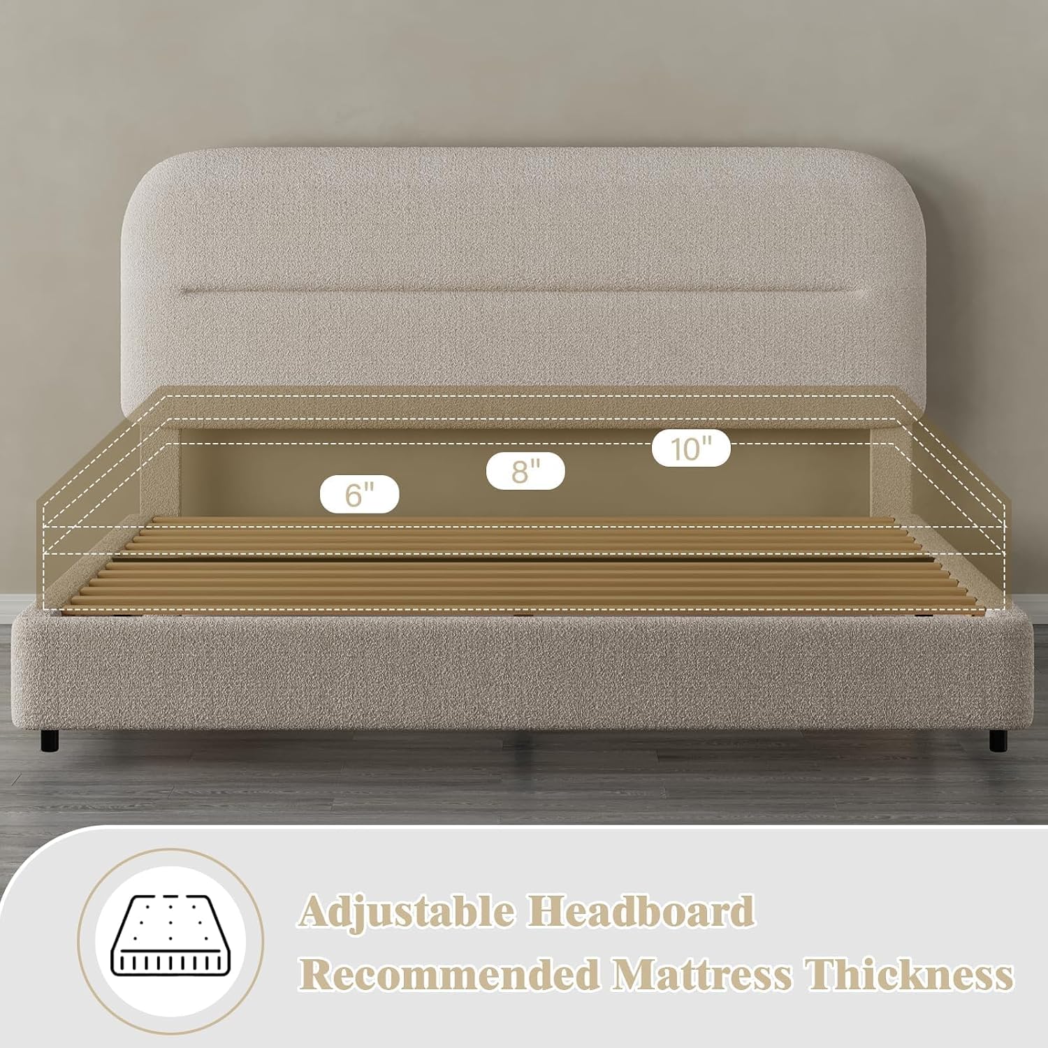 HOMBCK King Size Bed Frame, Upholstered Boucle Bed Frame King with Headboard, Soft Cloud Bed Frames with Thickened Footboard, Rounded Corners, No Box Spring Required, Easy Assembly, Cream